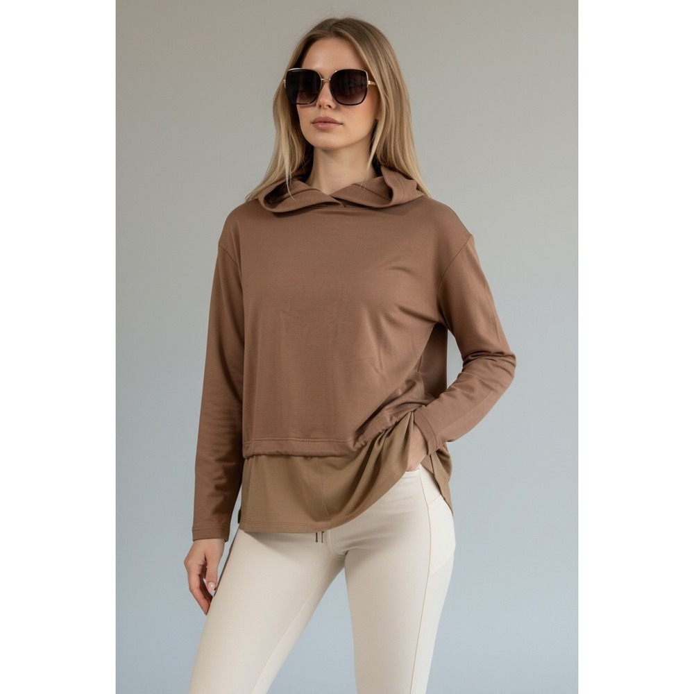 Athleta Layered Hoodie Brown Long Sleeve Sweatshirt Size Large Athleisure
